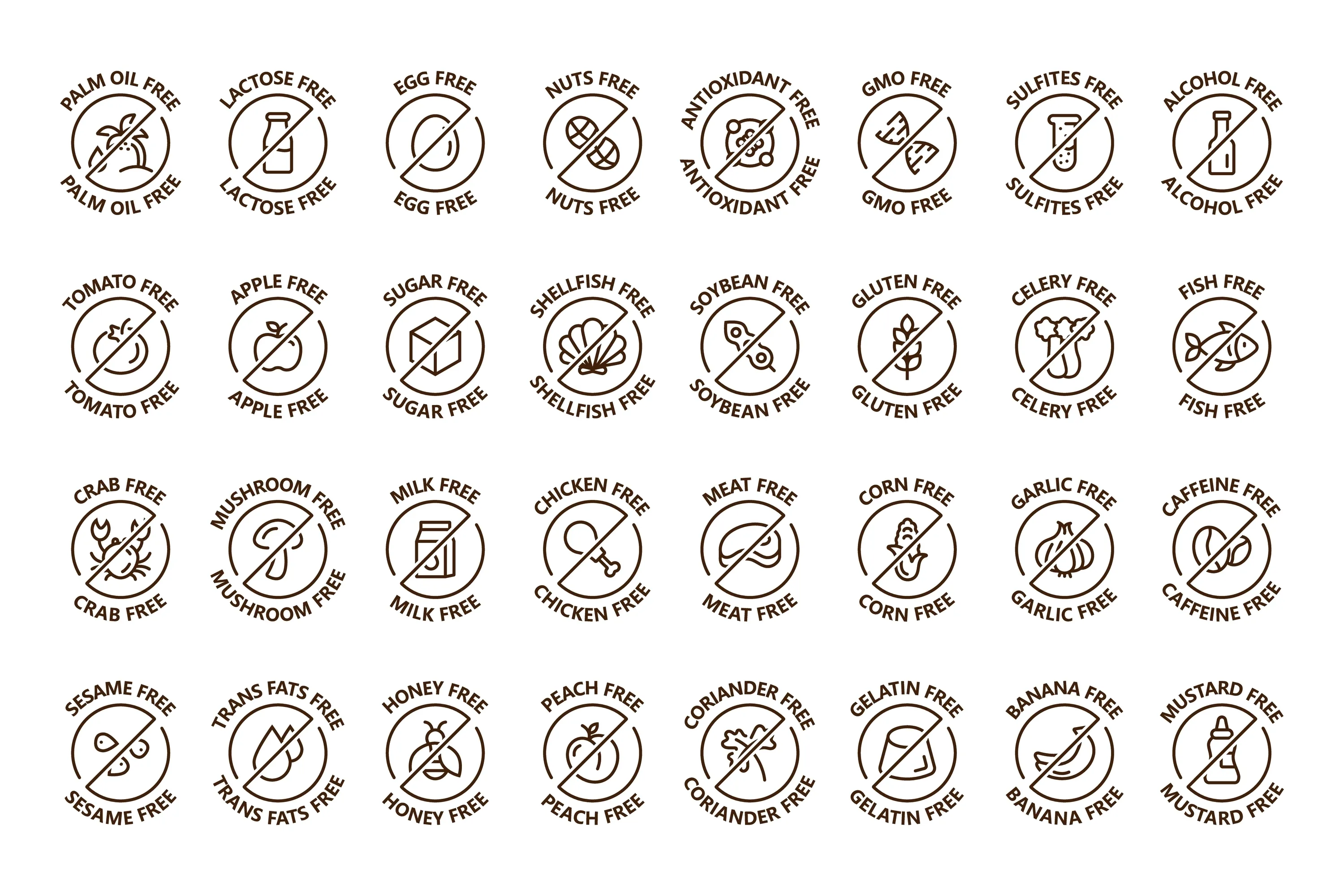 Grid of free-from icons, including gluten free, dairy free, nuts free and sugar free